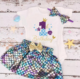 Mermaid First Birthday One Romper -Purple Shimmer.